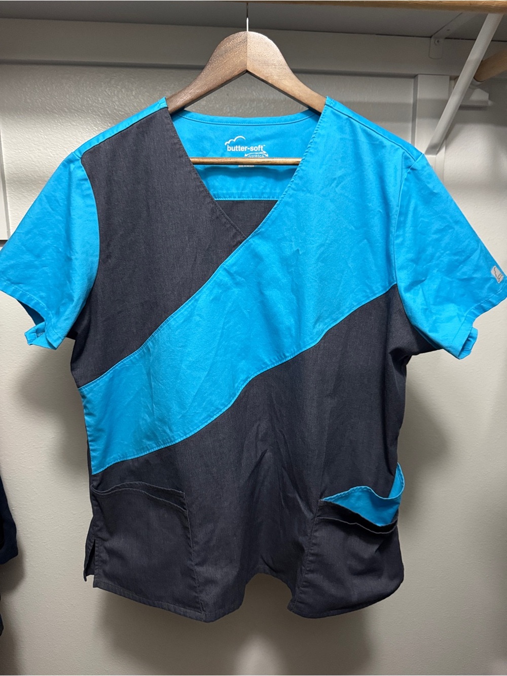 butter-soft Turquoise and heathered grey Scrub Top